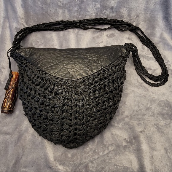Handbags - Vintage black leather and crochet hobo bag